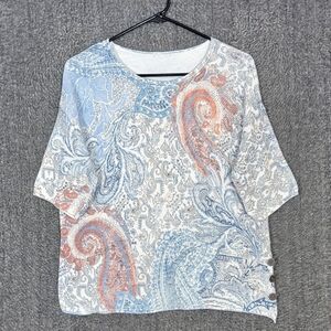 Chicos Sweater Womens Small Blue Paisley Short Sleeve Ribbed Knit